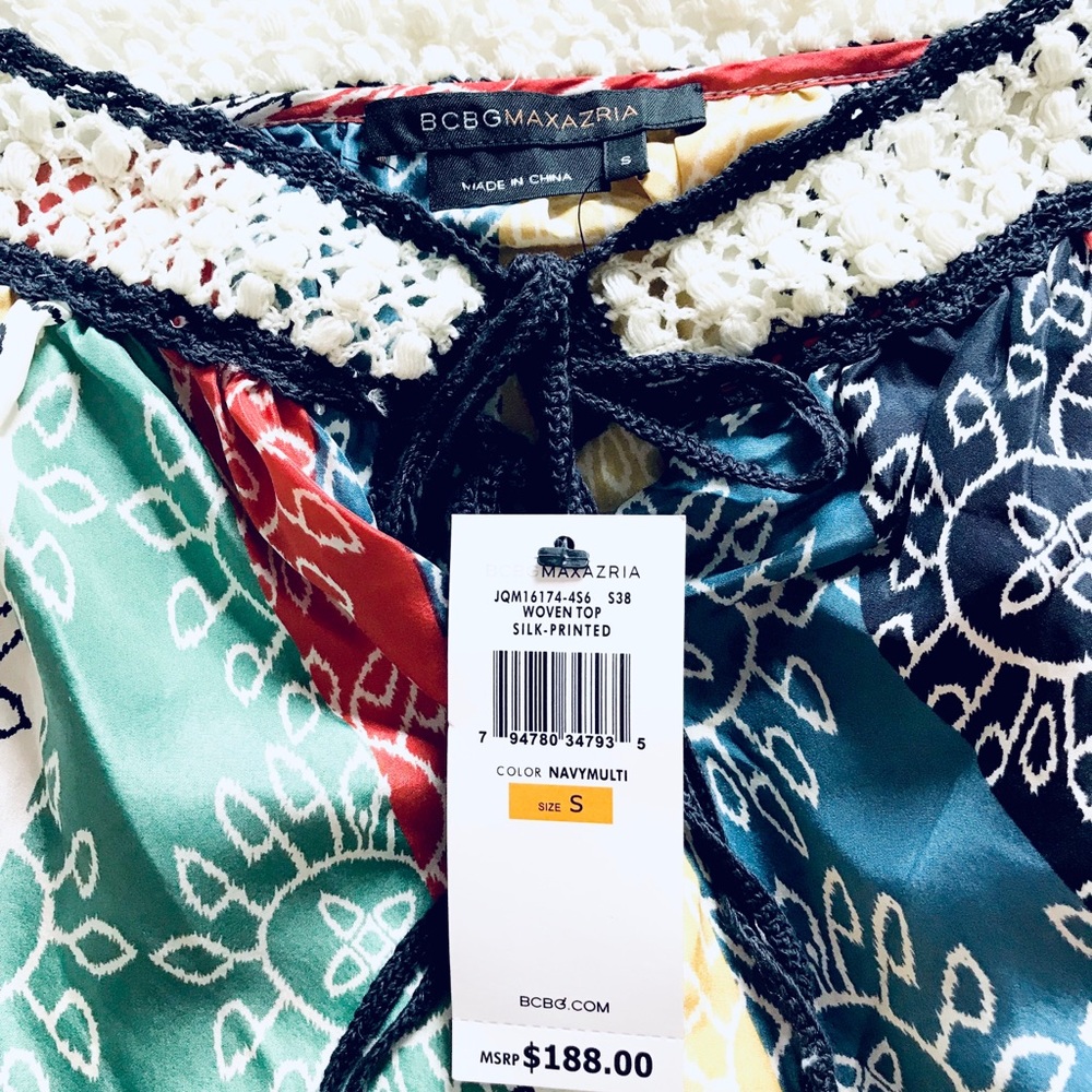 NWT BCBG Silk Navy Multicolor Boho Tank Top S - Picture 5 of 6